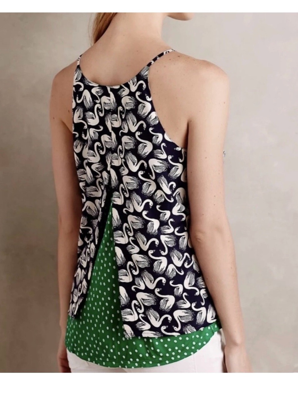 Anthropologie Porridge Swan Print Layered Swing Tank Polka Dot Underlay. Medium